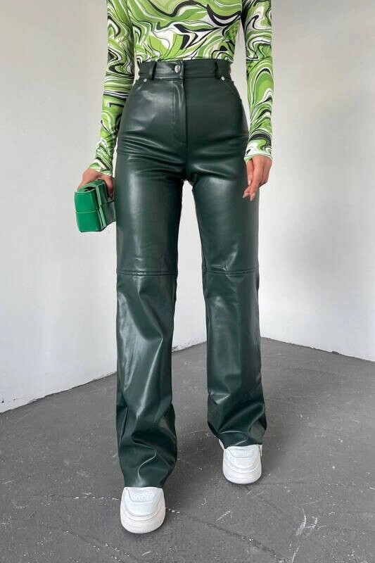 Kadın Haki Deri Şardonlu Palazzo Pantolon (zck0366)