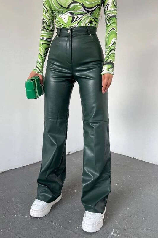 Kadın Haki Deri Şardonlu Palazzo Pantolon (zck0366)