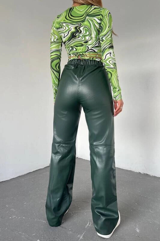 Kadın Haki Deri Şardonlu Palazzo Pantolon (zck0366)