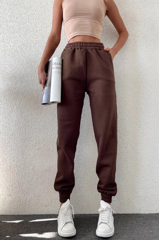 Kadın Kahverengi İçi Şardonlu Üç İplik Eşofman Altı (zck0577)