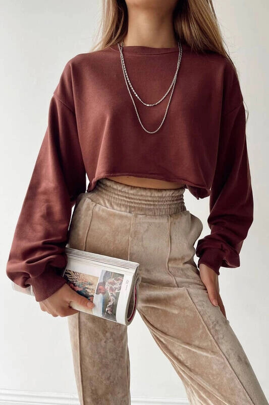 Kadın Kahverengi Kısa Crop Sweat (zck0323)