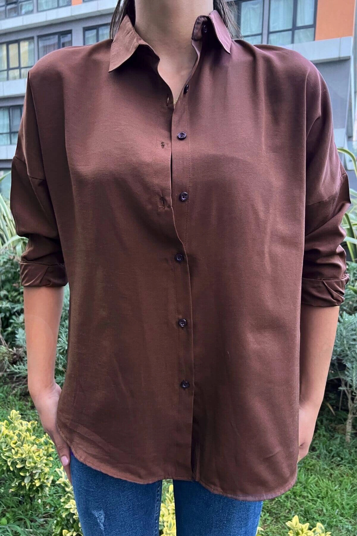 Kadın Kahverengi Oversize Uzun Basic Gömlek (zck0706)