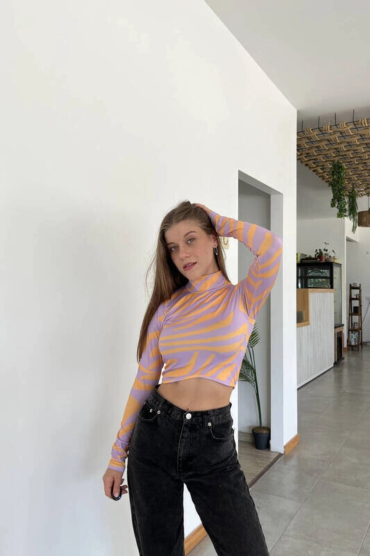 Kadın Lila Balıkçı Yaka Asimetrik Desenli Bluz (zck0544)