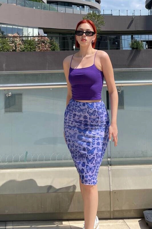 Kadın Lila İçi Astarlı Tül Midi Etek (zck0662)