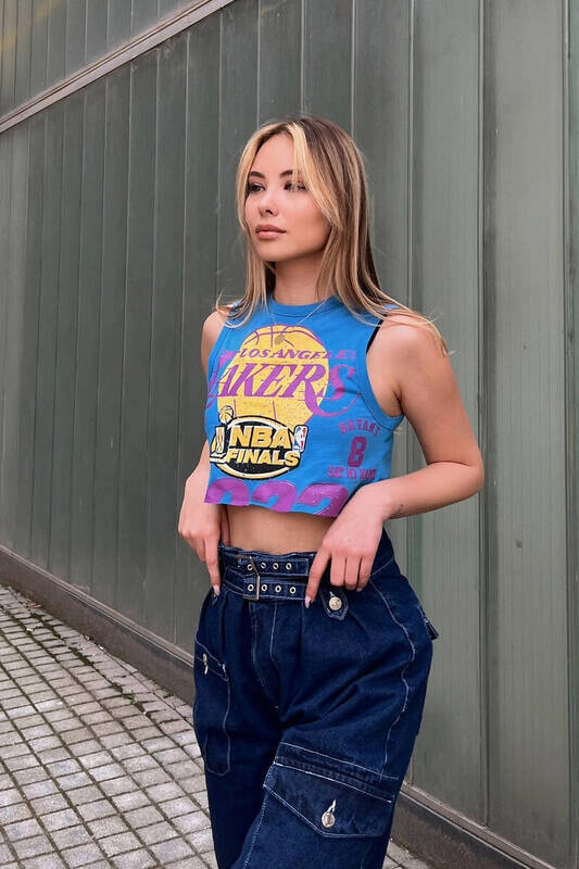 Kadın Mavi Baskılı Crop Tshirt (zck0465)