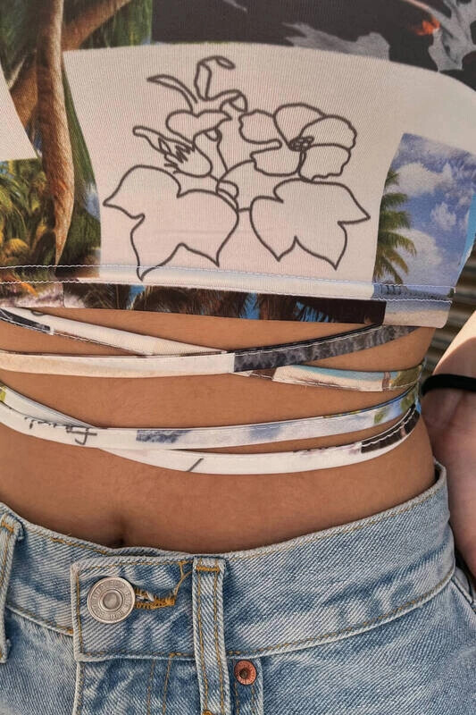 Kadın Mavi Desenli Bel Dolamalı Bluz (zck0475)