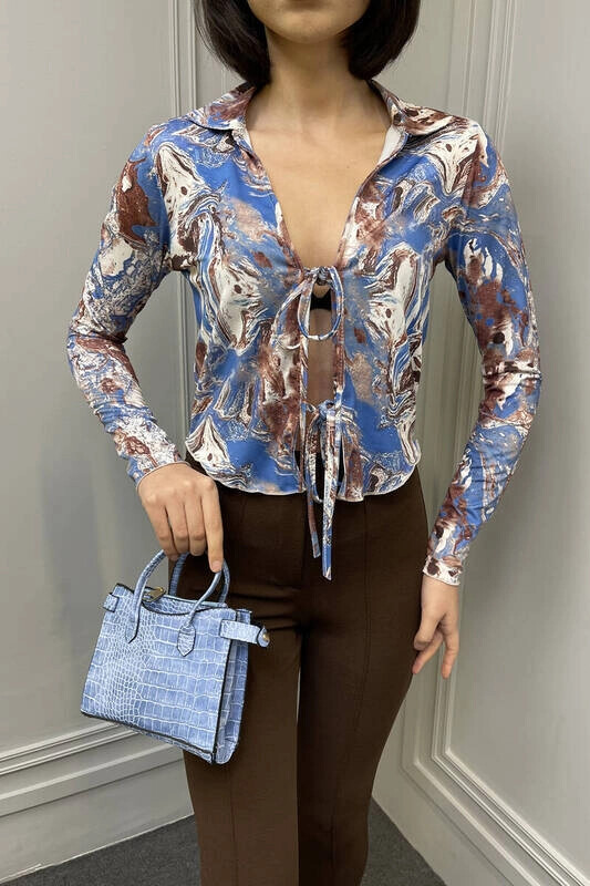 Kadın Mavi Desenli Önü Bağcıklı Bluz (zck0426)