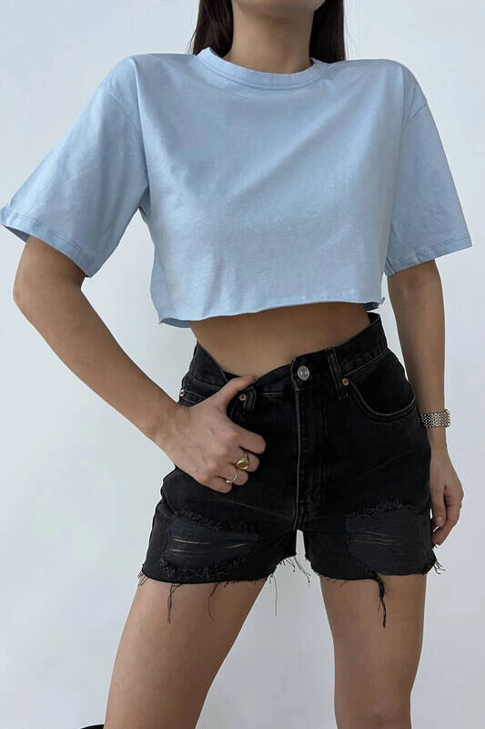 Kadın Mavi Kısa Basic Tişört (zck0451)