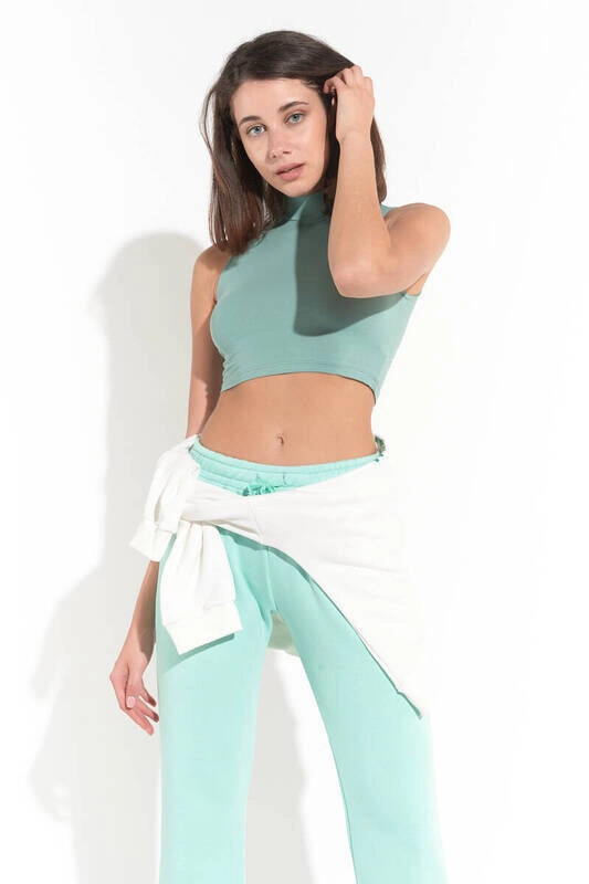 Kadın Mint Yeşili Balıkcı Yaka Sıfır Kol Crop Büstiyer (ZCK0137)