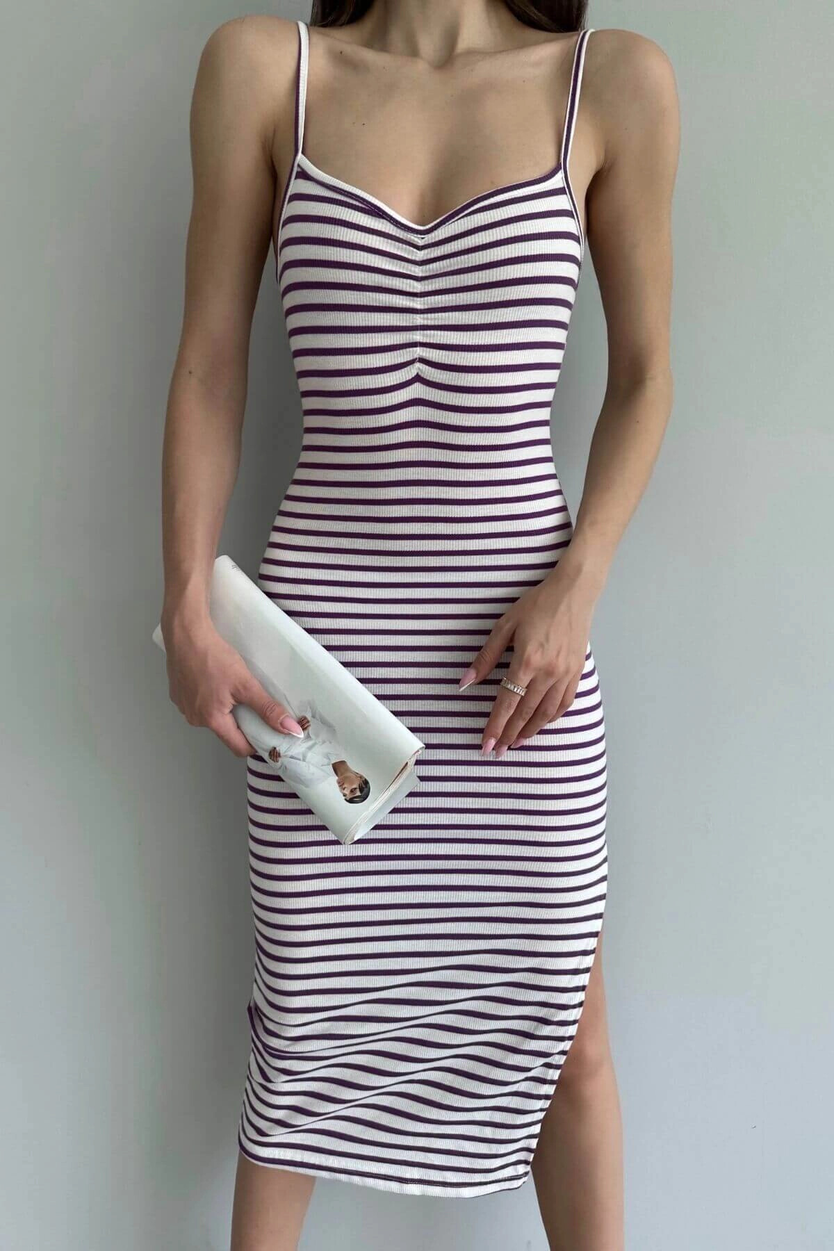 Kadın Mor Çizgili Askılı Midi Boy Elbise (zck0681)