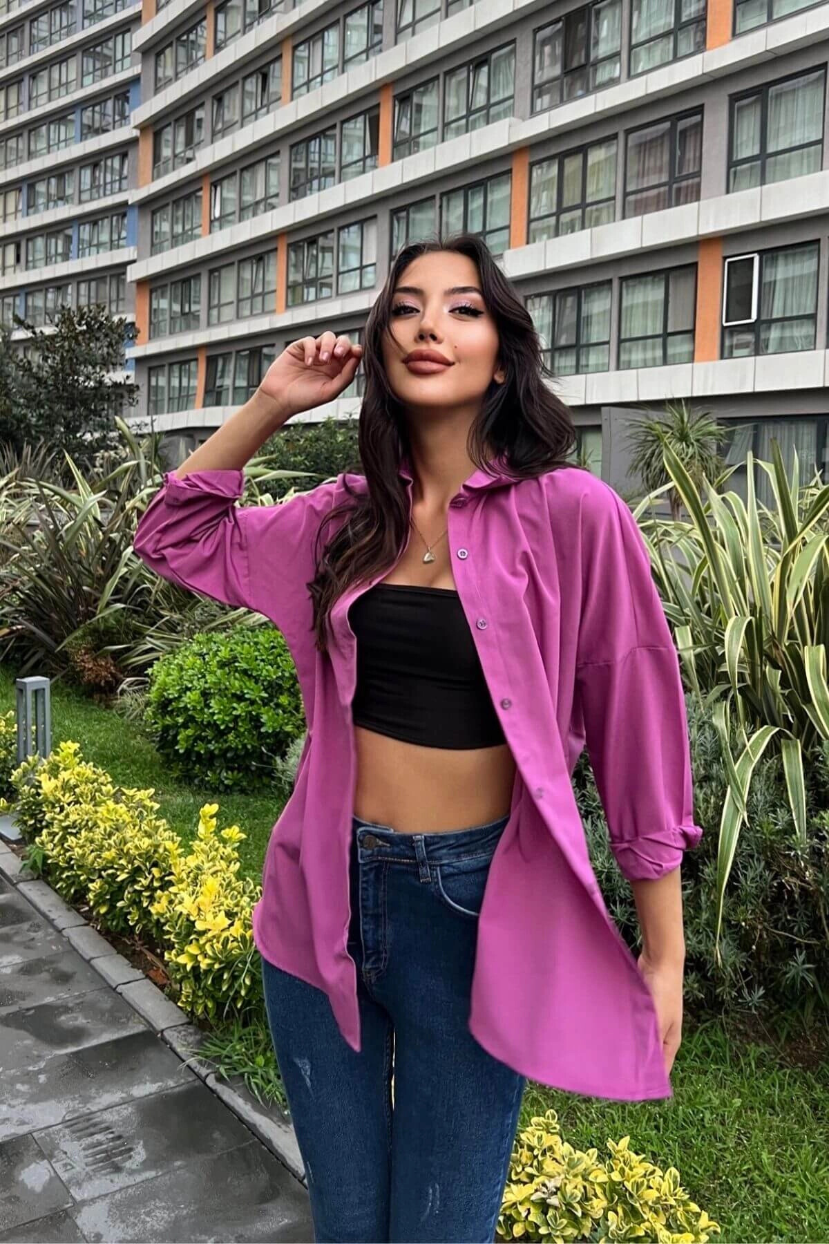 Kadın Mor Oversize Uzun Basic Gömlek (zck0706)
