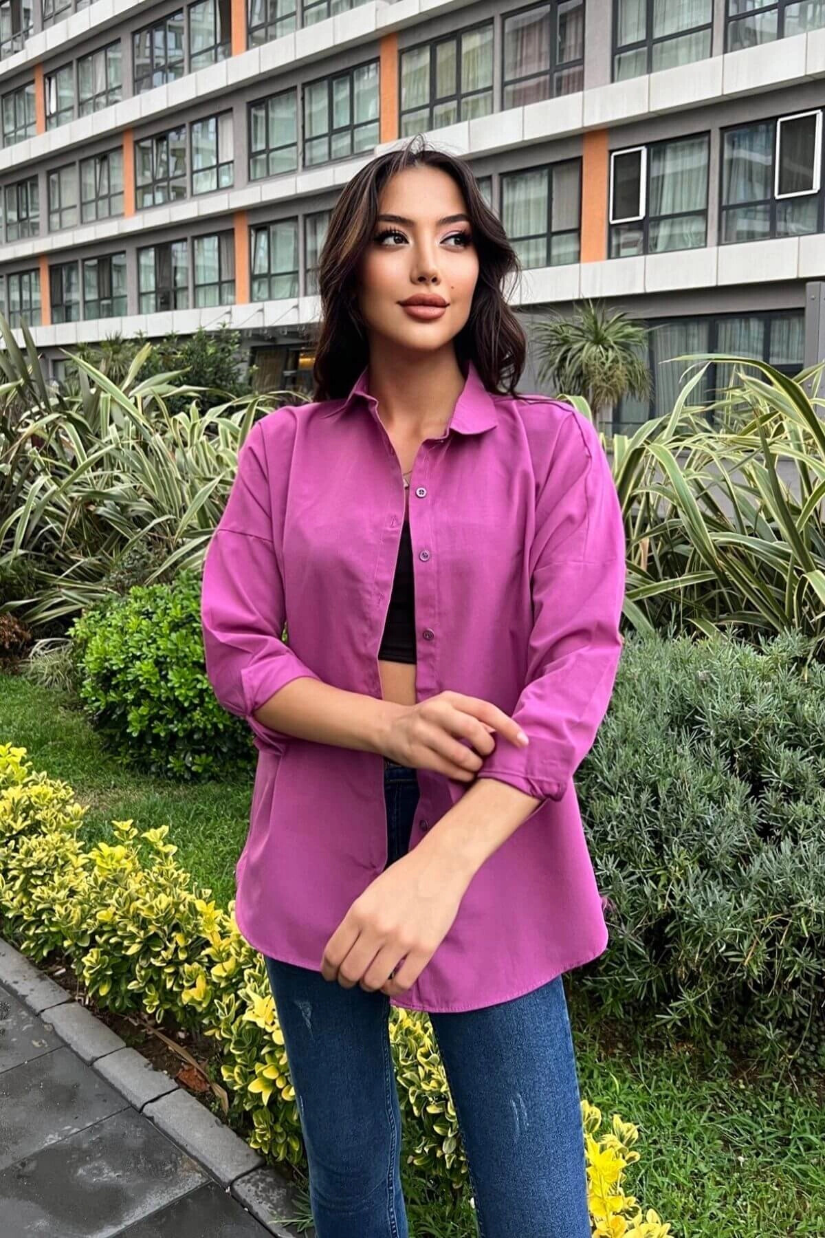Kadın Mor Oversize Uzun Basic Gömlek (zck0706)
