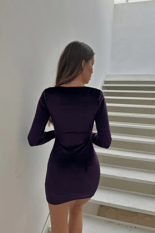 Kadın Mor Yırtmaç Detaylı Kadife Mini Yılbaşına Özel Elbise (zck0587)