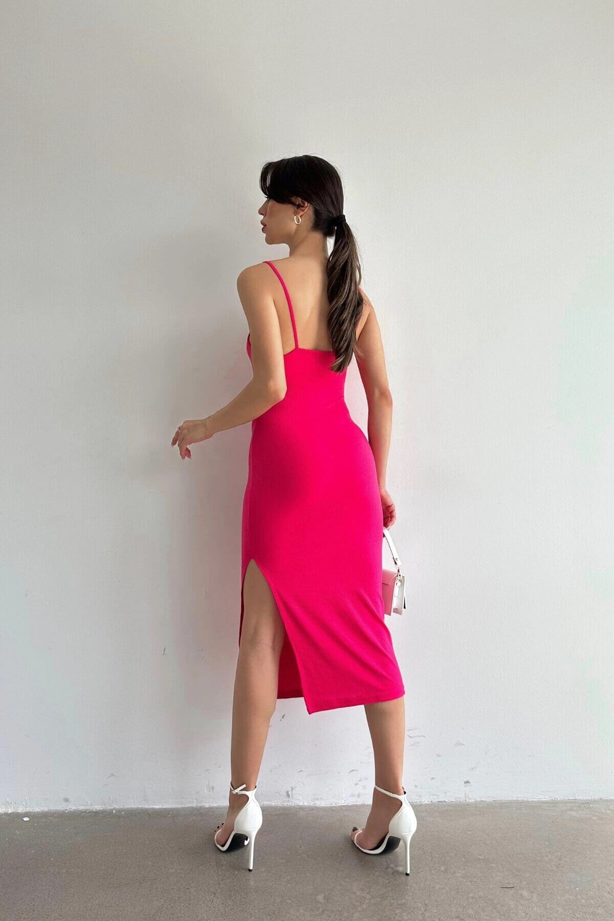 Kadın Pembe Askılı Midi Boy Elbise (zck0681)