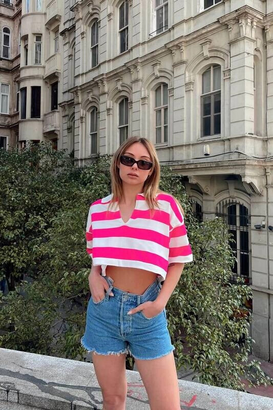 Kadın Pembe Çizgili Polo Yaka Kısa Kollu Triko Bluz (zck0652)