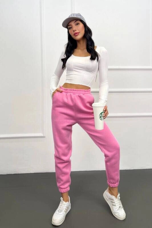 Kadın Pembe İçi Şardonlu Üç İplik Eşofman Altı (zck0577)