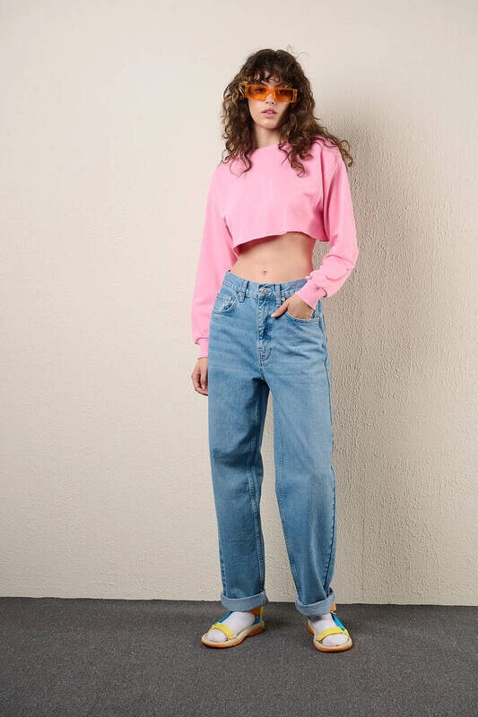Kadın Pembe Kısa Crop Sweat (zck0323)