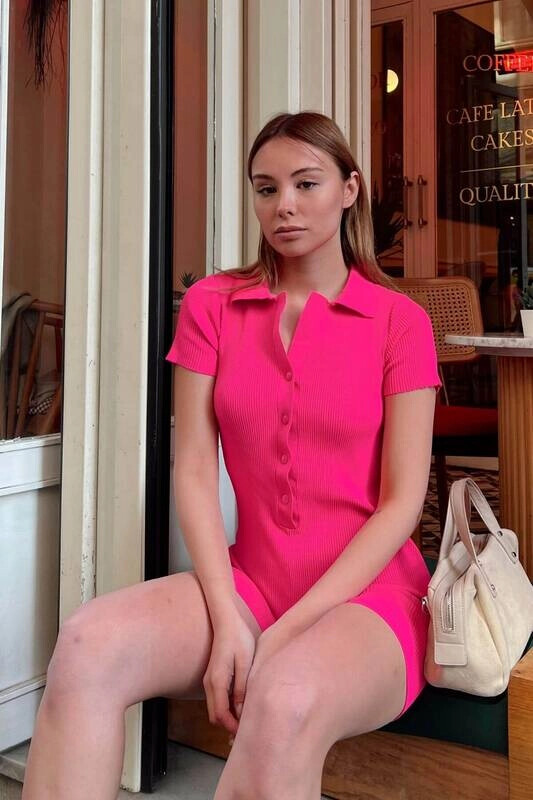 Kadın Pembe Polo Yaka Şortlu Tulum (zck0335)