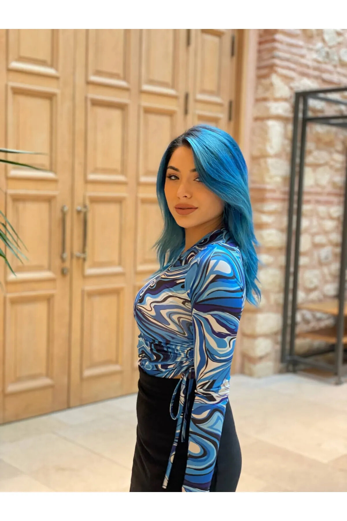 Kadın Saks Mavisi Bisiklet Yaka Büzgülü Bluz (zck0581)