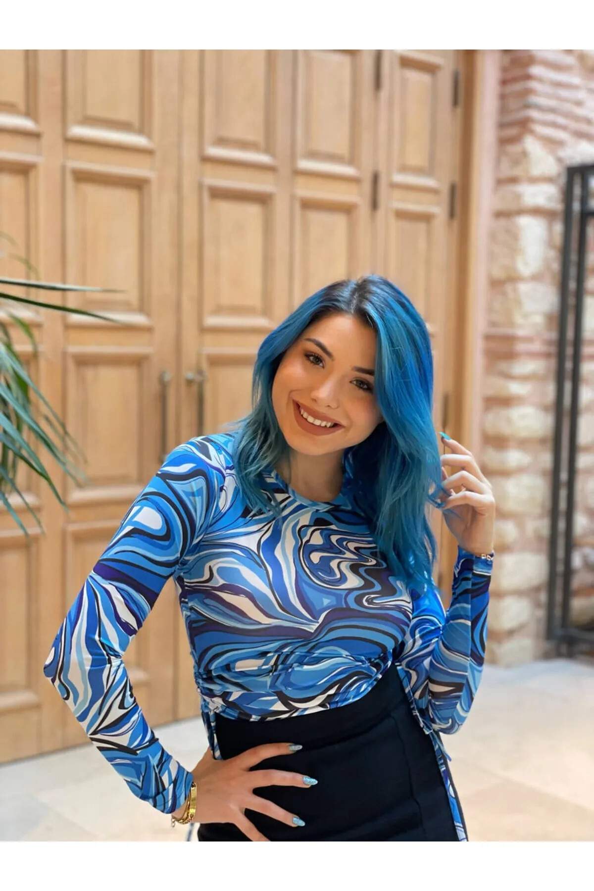 Kadın Saks Mavisi Bisiklet Yaka Büzgülü Bluz (zck0581)