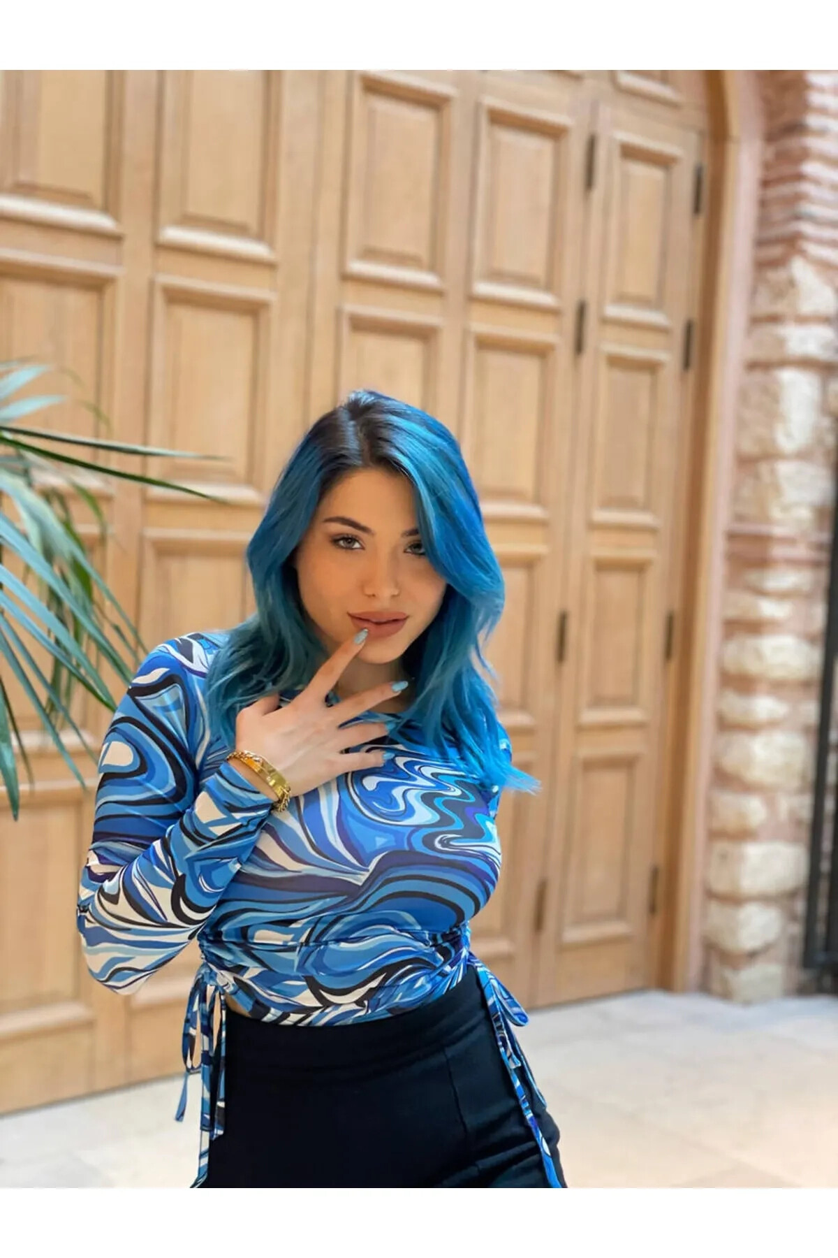 Kadın Saks Mavisi Bisiklet Yaka Büzgülü Bluz (zck0581)