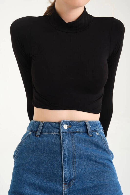 Kadın Siyah Balıkçı Yaka Asimetrik Desenli Bluz (zck0544)