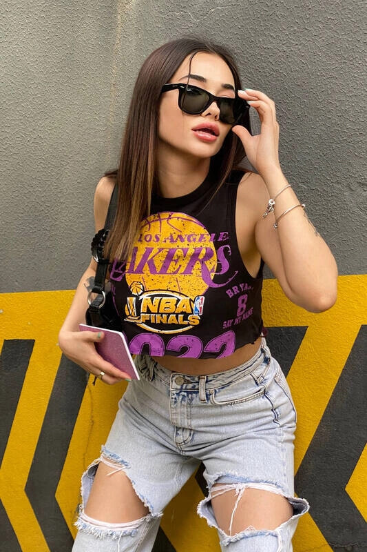 Kadın Siyah Baskılı Crop Tshirt (zck0465)