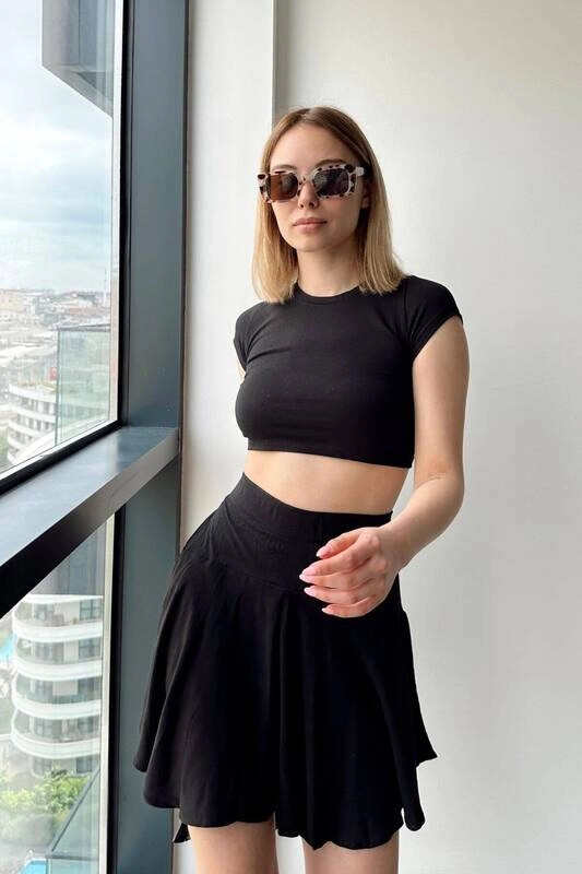 Kadın Siyah Kısa Kollu Basic Crop Tshirt (zck0685)