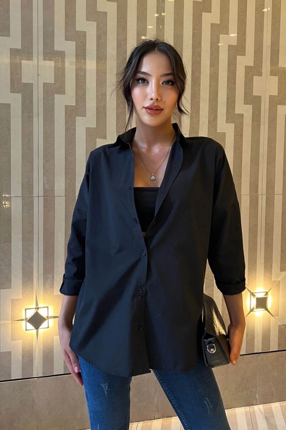 Kadın Siyah Oversize Uzun Basic Gömlek (zck0706)