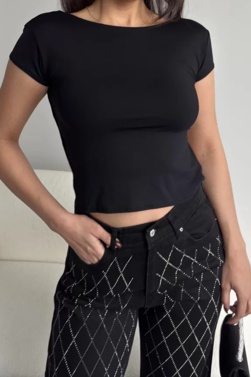 Kadın Siyah Sırt Dekolteli Ayarlanabilen Crop (ZCK99)