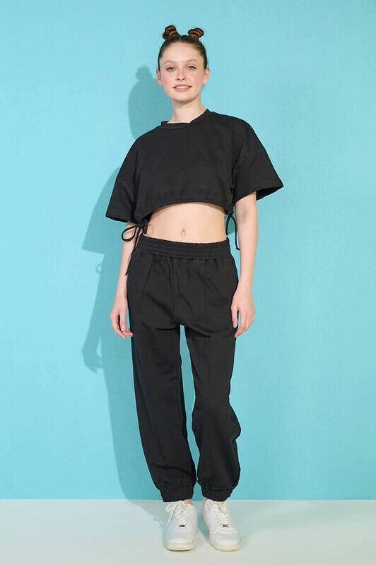 Kadın Siyah Yanı Büzgülü Ve Paçası Lastikli İkili Takım (zck0301)