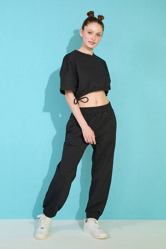 Kadın Siyah Yanı Büzgülü Ve Paçası Lastikli İkili Takım (zck0301)