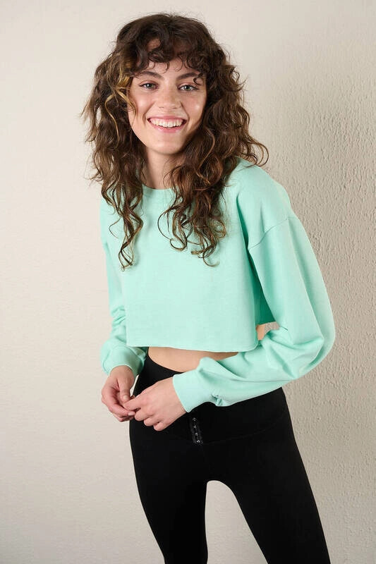 Kadın Su Yeşili Kısa Crop Sweat (zck0323)