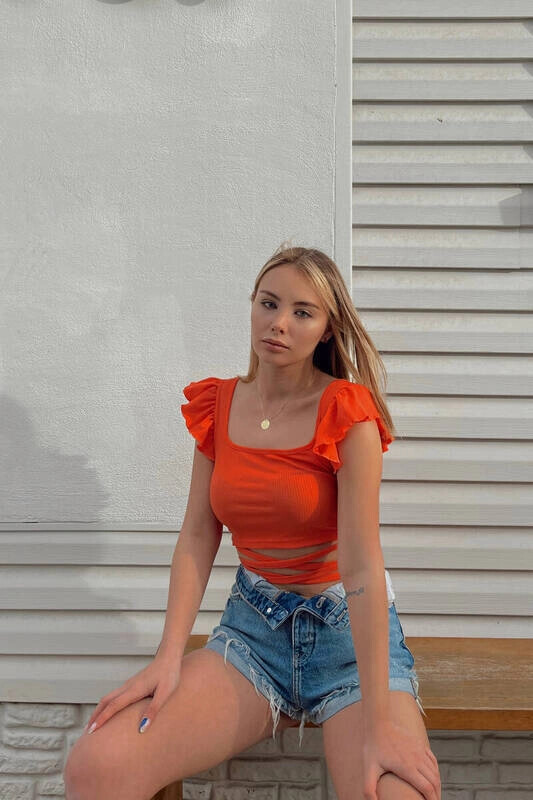 Kadın Turuncu Bel Dolamalı Fırfır Detaylı Bluz (zck0460)