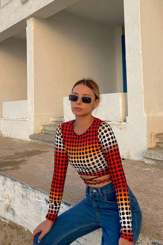 Kadın Turuncu Bel Dolamalı Uzun Kollu Bluz (zck0540)