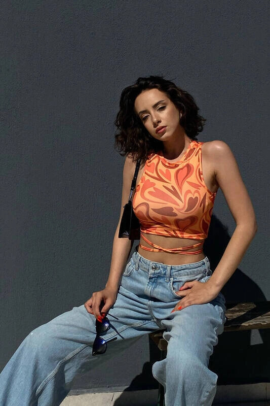 Kadın Turuncu Desenli Bel Dolamalı Bluz (zck0475)