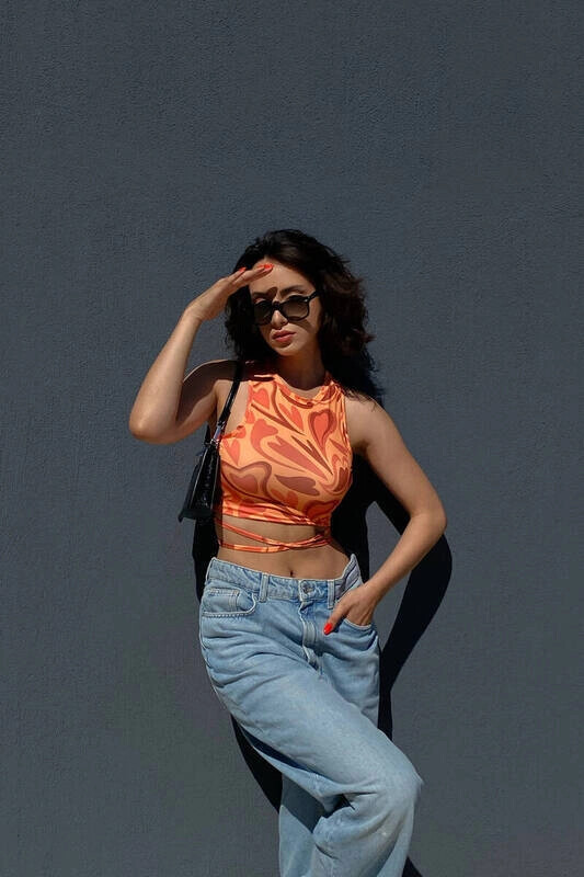 Kadın Turuncu Desenli Bel Dolamalı Bluz (zck0475)