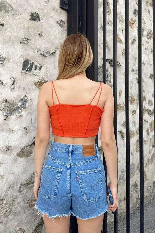 Kadın Turuncu İp Askılı Ters Dikiş Detaylı Crop Bluz (zck0657)