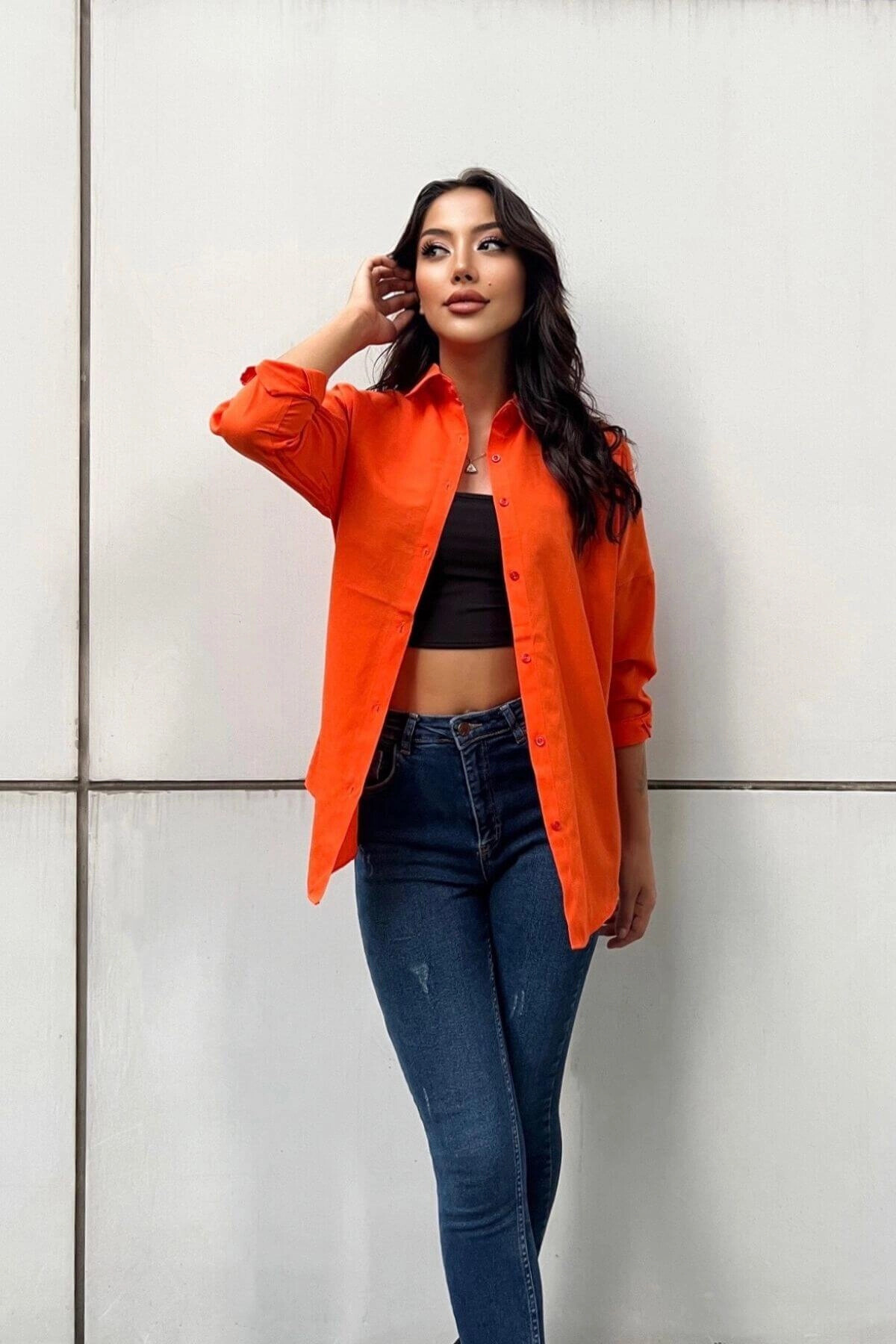 Kadın Turuncu Oversize Uzun Basic Gömlek (zck0706)