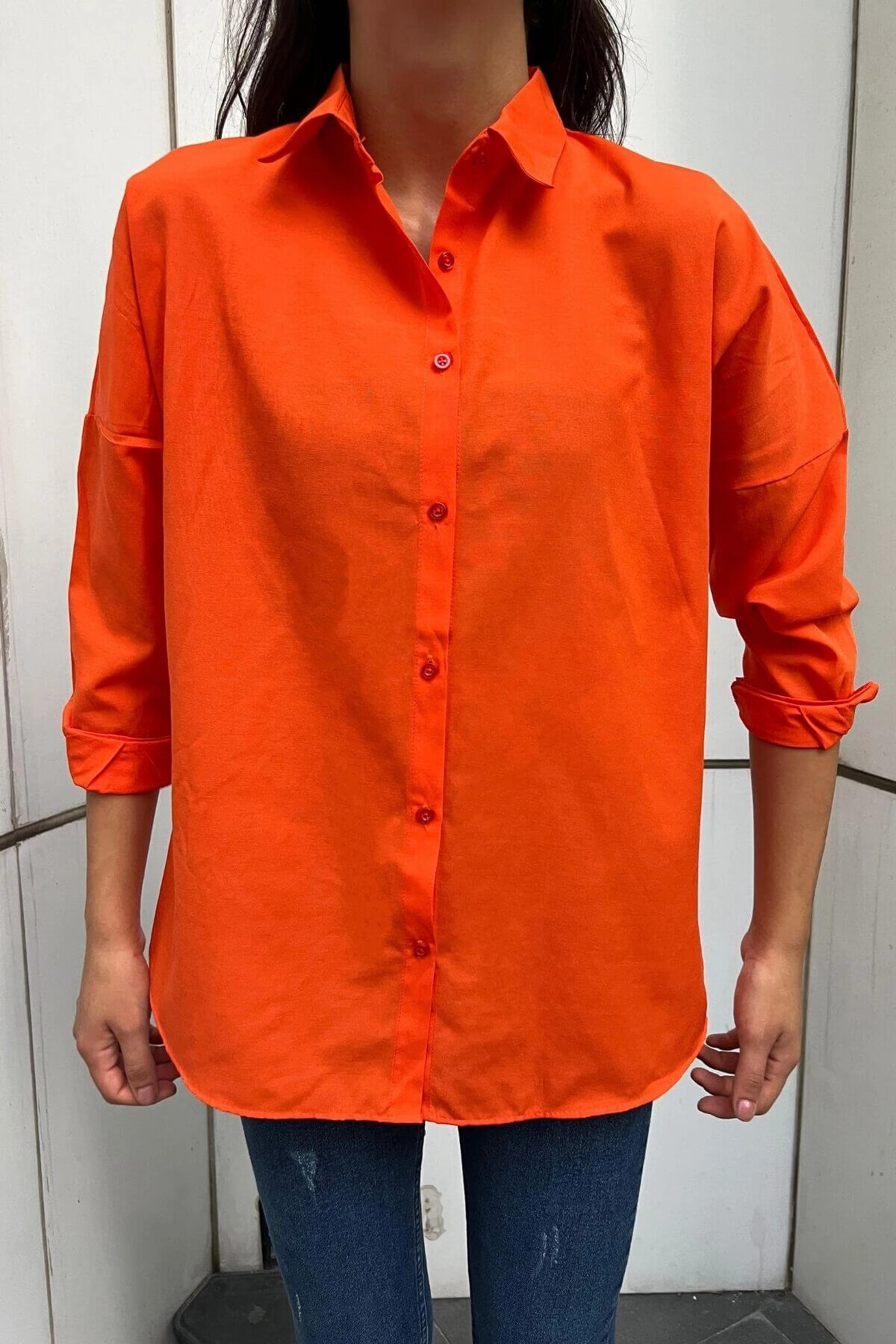 Kadın Turuncu Oversize Uzun Basic Gömlek (zck0706)