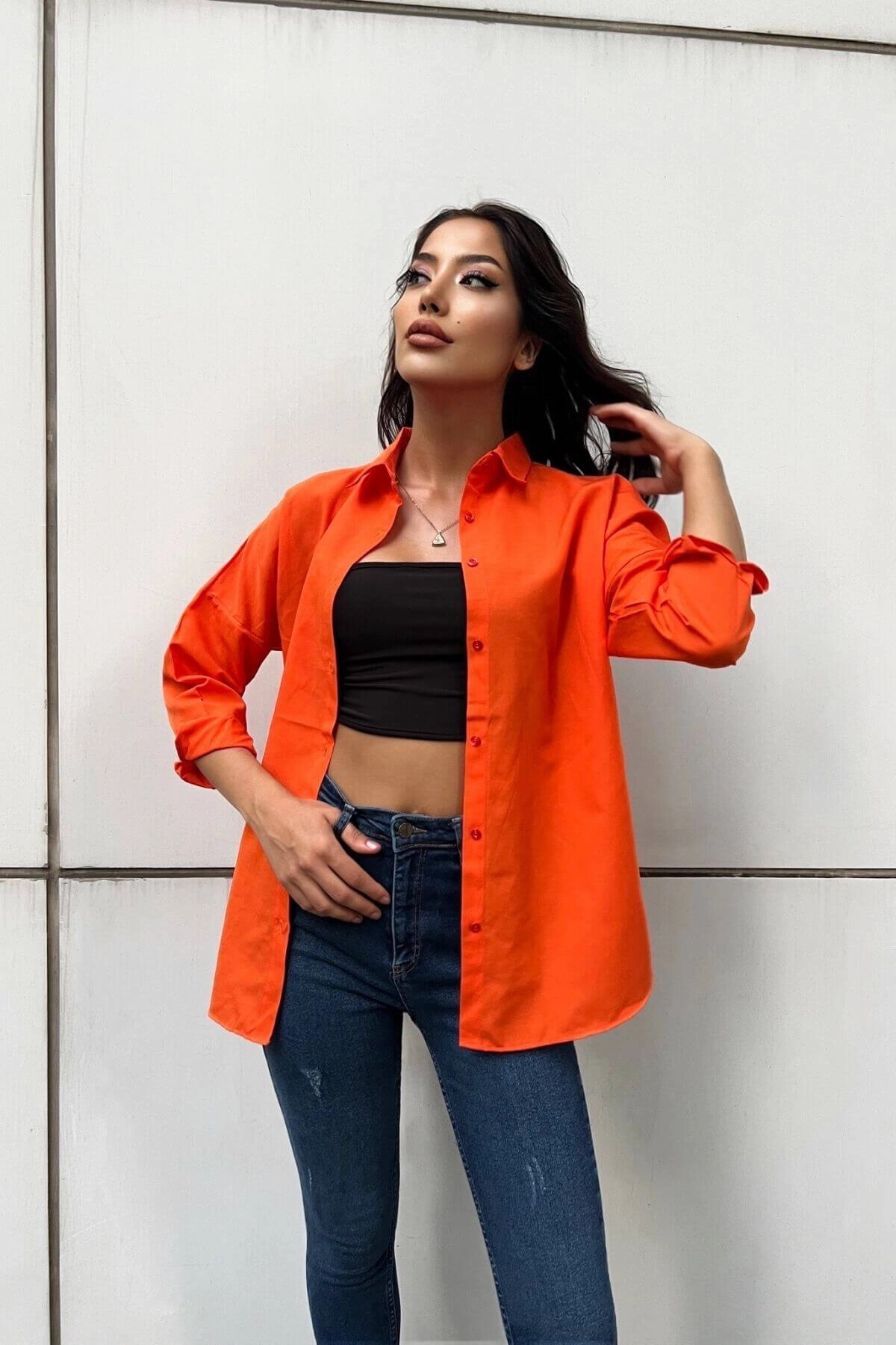 Kadın Turuncu Oversize Uzun Basic Gömlek (zck0706)