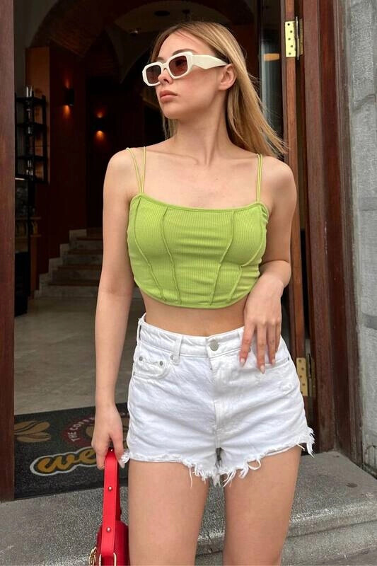 Kadın Yağ Yeşili İp Askılı Ters Dikiş Detaylı Crop Bluz (zck0657)