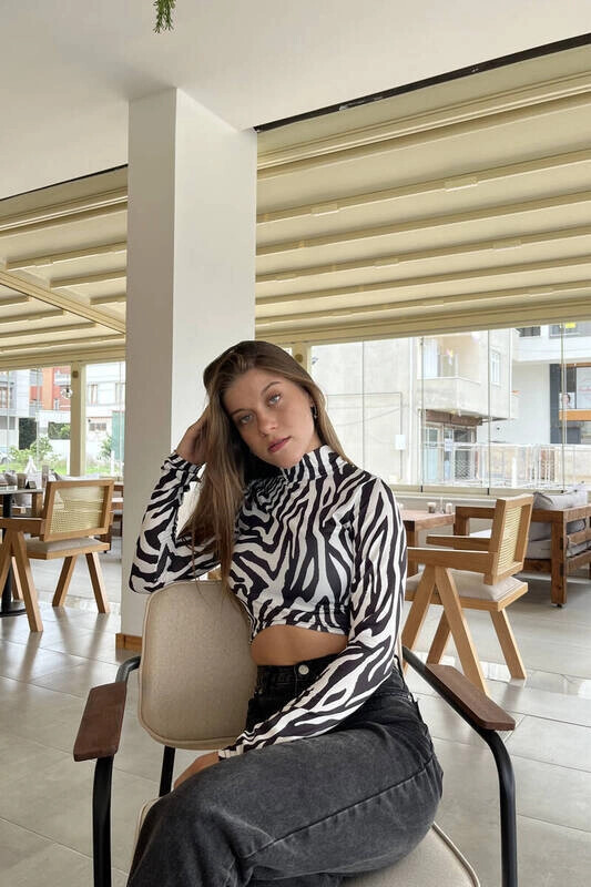 Kadın Zebra Balıkçı Yaka Asimetrik Desenli Bluz (zck0544)