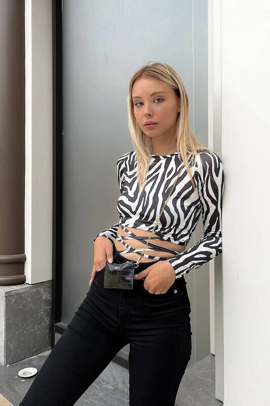 Kadın Zebra Bel Dolamalı Uzun Kollu Bluz (zck0540)