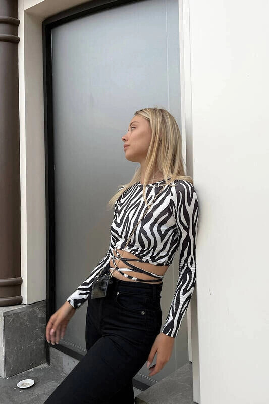 Kadın Zebra Bel Dolamalı Uzun Kollu Bluz (zck0540)