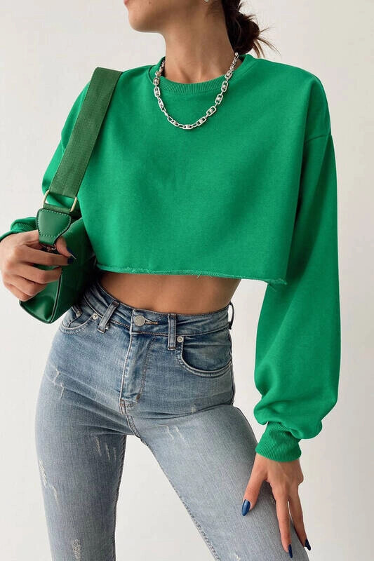 Kadın Zümrüt Yeşili Kısa Crop Sweat (zck0323)