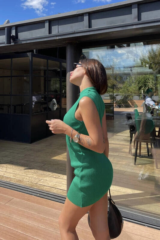Kadın Zümrüt Yeşili Triko Kolsuz Mini Boy Elbise (zck0559)