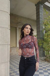 Kadın Bordo Desenli Boğazlı Tül Bluz (ZCK0201)