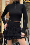 Kadın Siyah Yarım Fermuarlı Model Kumaş Crop (ZCKSS156)