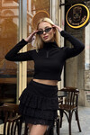 Kadın Siyah Yarım Fermuarlı Model Kumaş Crop (ZCKSS156)